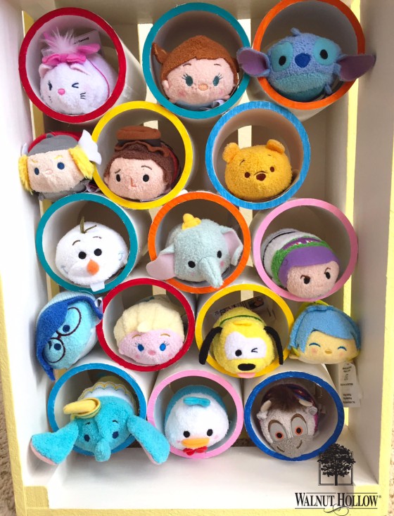 Tsum Tsum Storage PVC pipes inside a Walnut Hollow Rustic Crate