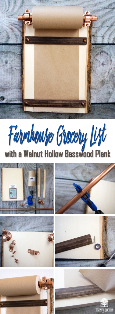 Make an Industrial Farmhouse Grocery list with a Walnut Hollow Basswood plank and some pipe!